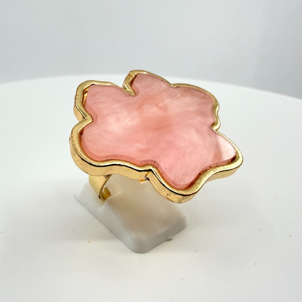 Vintage Y2K Pink Faux Quartz Statement Ring Gold Tone Chunky Clover Abstract 90s